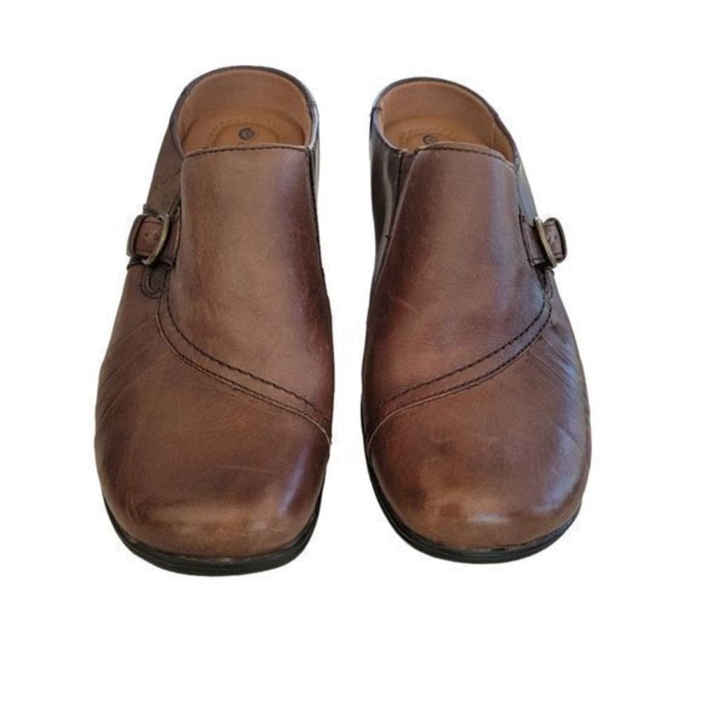 Earth Spirit brown leather mules 2 inch heels clogs size 8.5 - Picture 2 of 6
